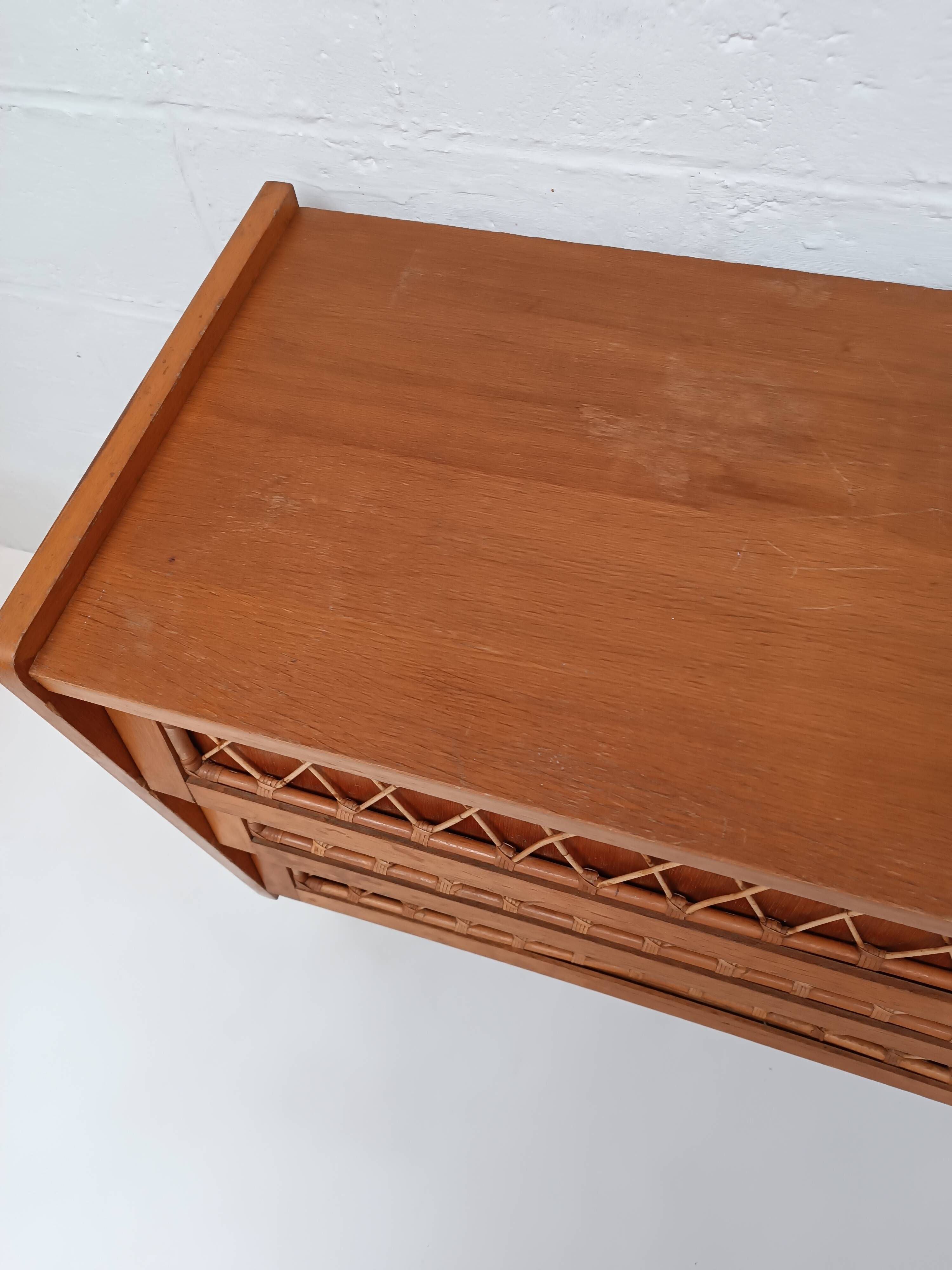 Vintage wood and rattan chest of drawers
