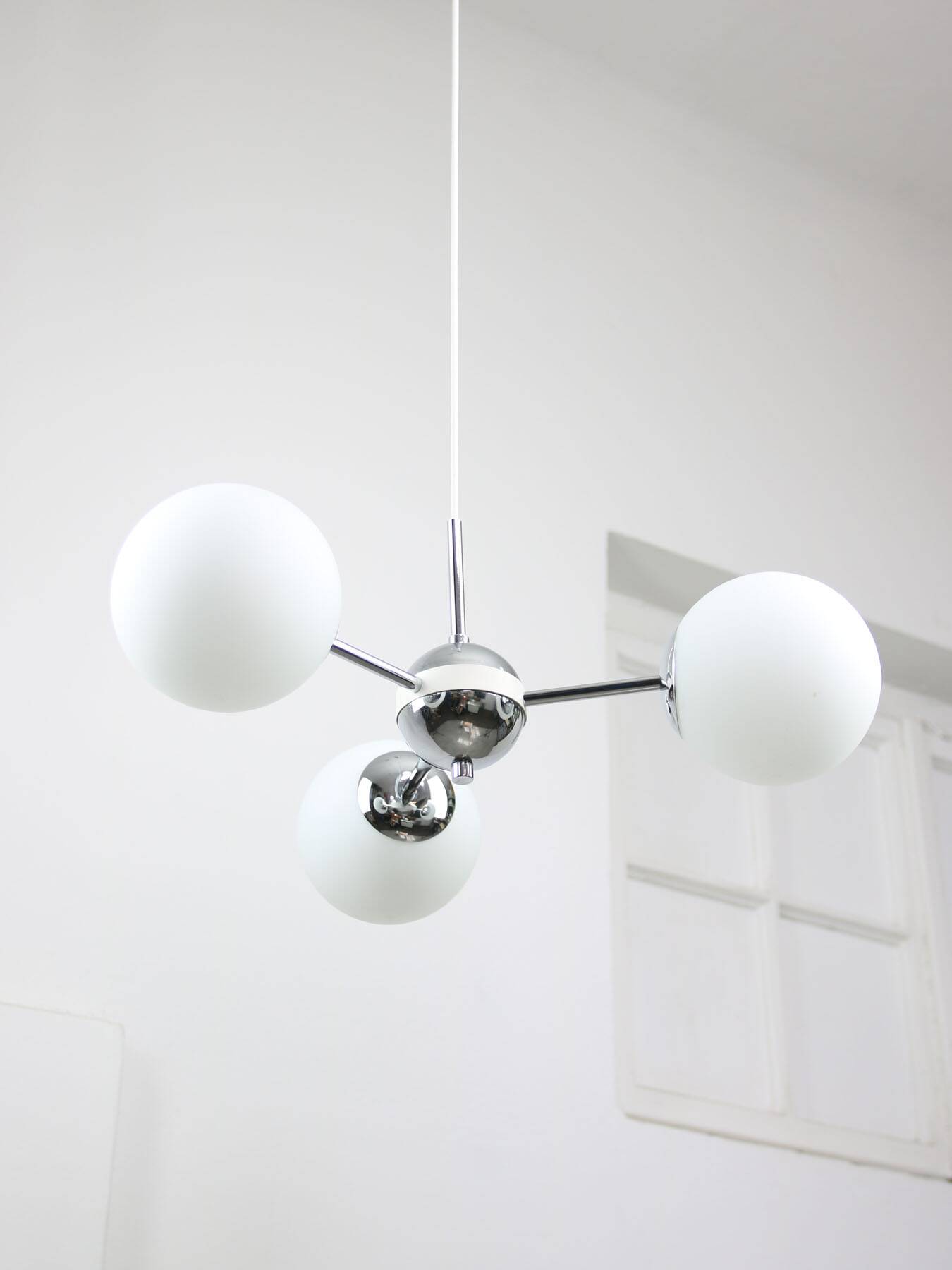 Vintage Italian Chrome and Opaline Sputnik Chandelier, 70s