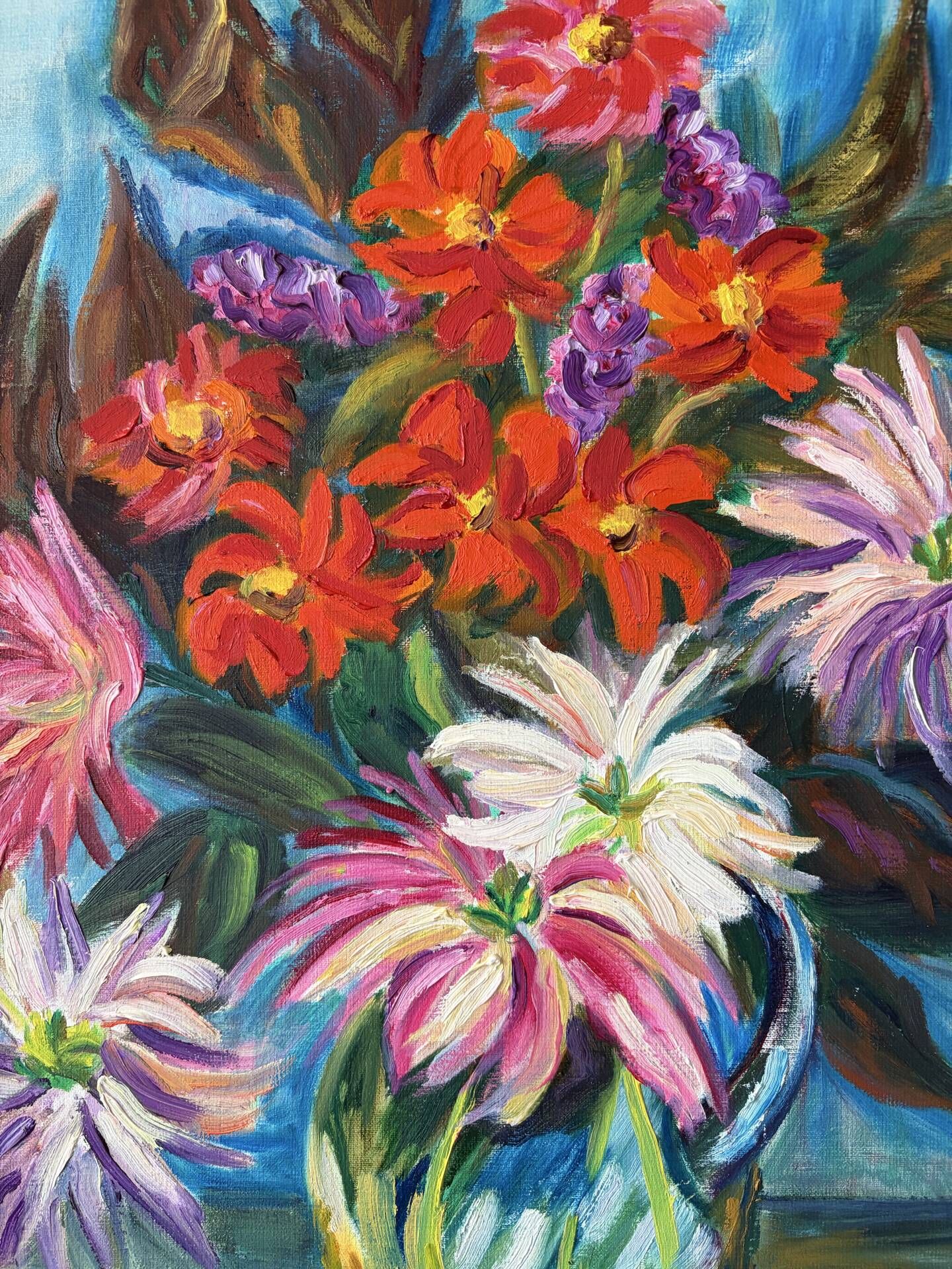 Dahlias and Zinnias, oil on canvas signed Gisèle Renaut