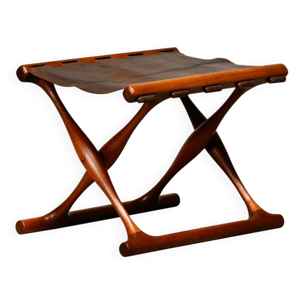 Tabouret Poul Hundevad PH43 Guldhøj en teck et cuir marron, Danemark, années 1960