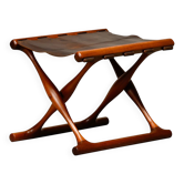 Poul Hundevad PH43 Guldhøj Stool in Teak and Brown Leather, Denmark, 1960s