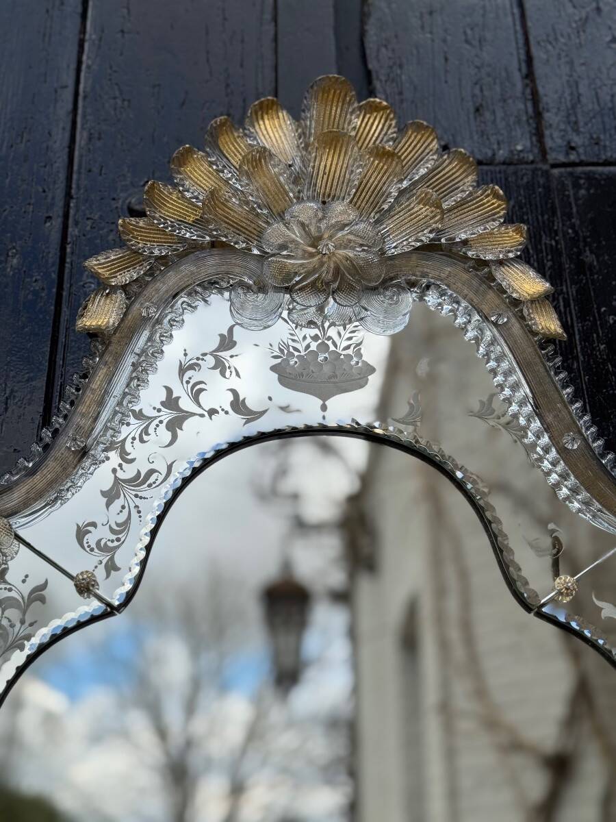 Venetian Murano Glass Mirror, Gilded with Fine Gold, Engraved Mirror, Circa 1950