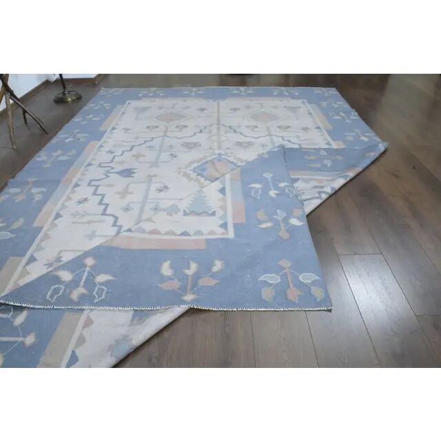 1970s Turkish Oushak Handmade Wool Cotton Blue Beige Area Rug 230x325