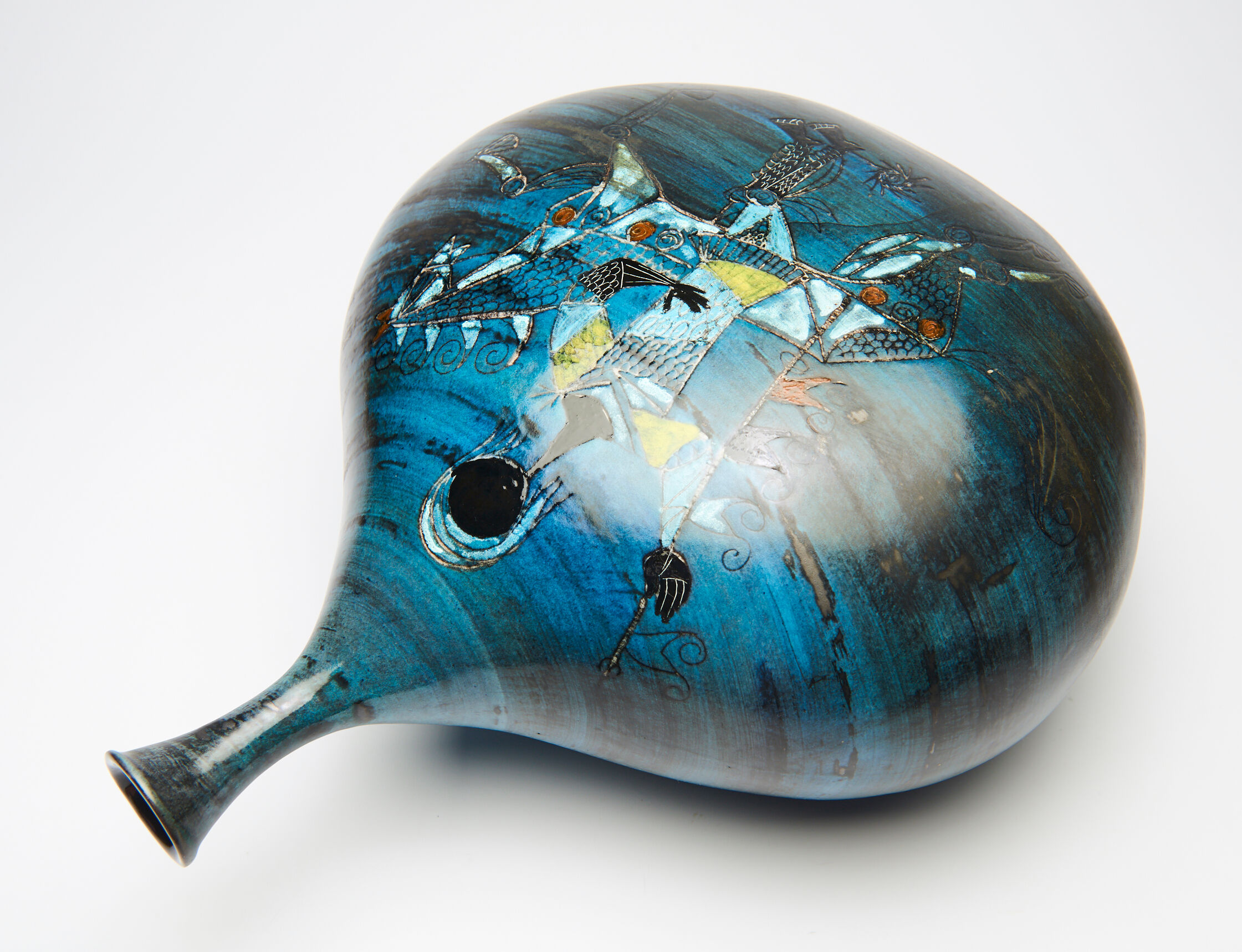 Large blue vase with ceramic rider by Jean de Lespinasse