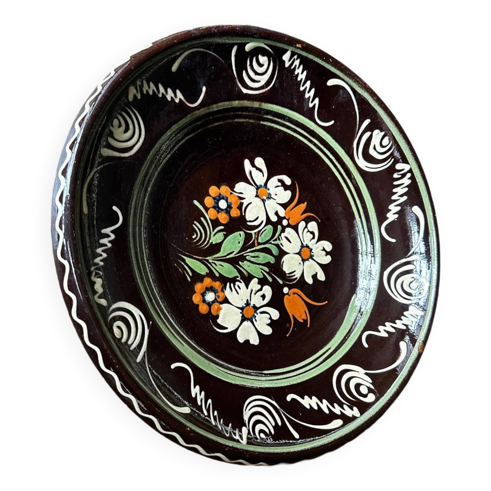 Grande assiette Vintage Alsacienne en Gré émaillé - Décor Floral - Diamètre 34cm