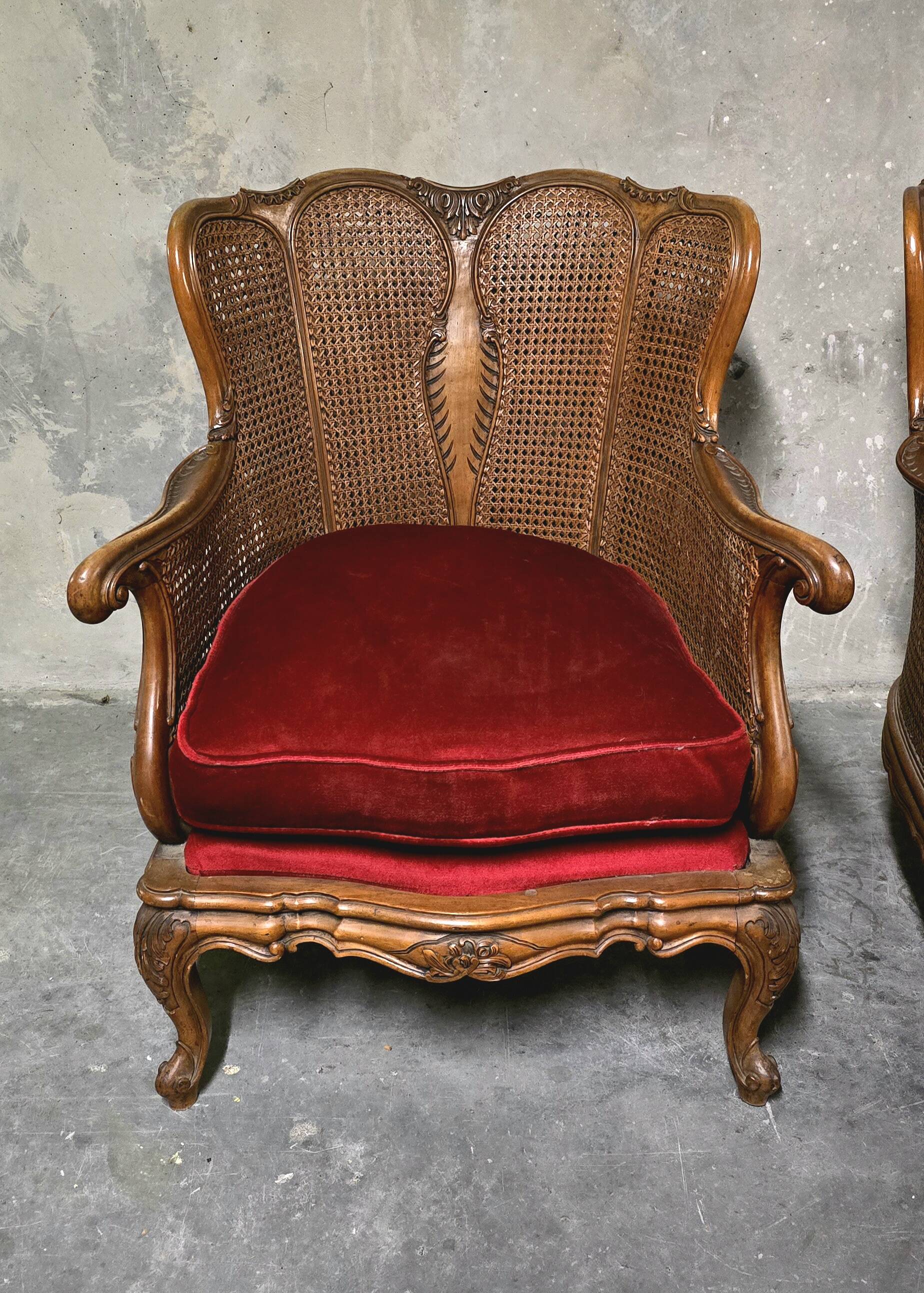 Pair of wooden and rattan armchairs, Louis XV style