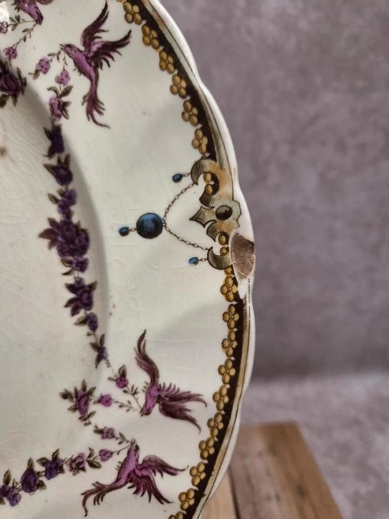 Antique English plate Clarendon P.b.&s – decoration of mauve birds & flowers – Oriental Ivory