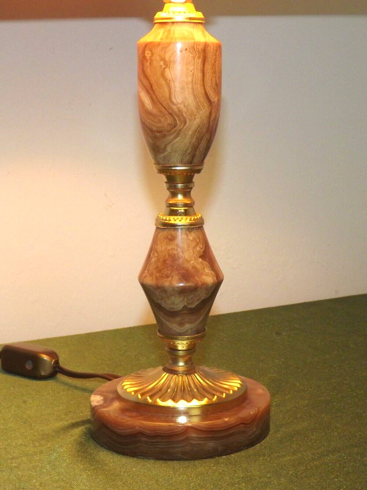 French vintage round brown marble table lamp gold detail beige fabric shade 4059