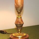 French vintage round brown marble table lamp gold detail beige fabric shade 4059