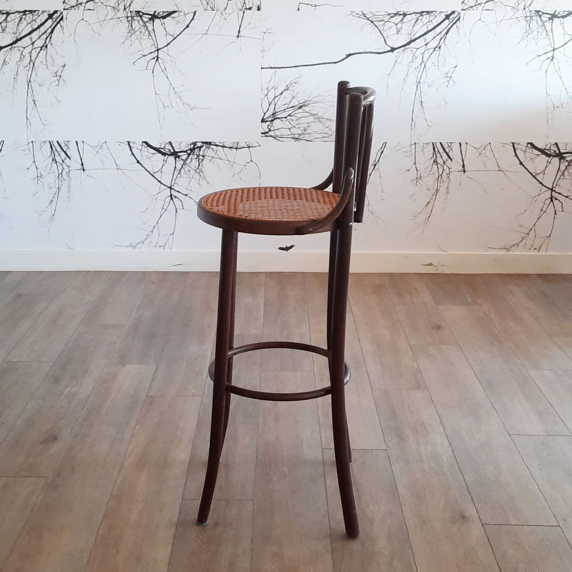 Set of 3 bentwood bar stools with rattan seats, 1970s