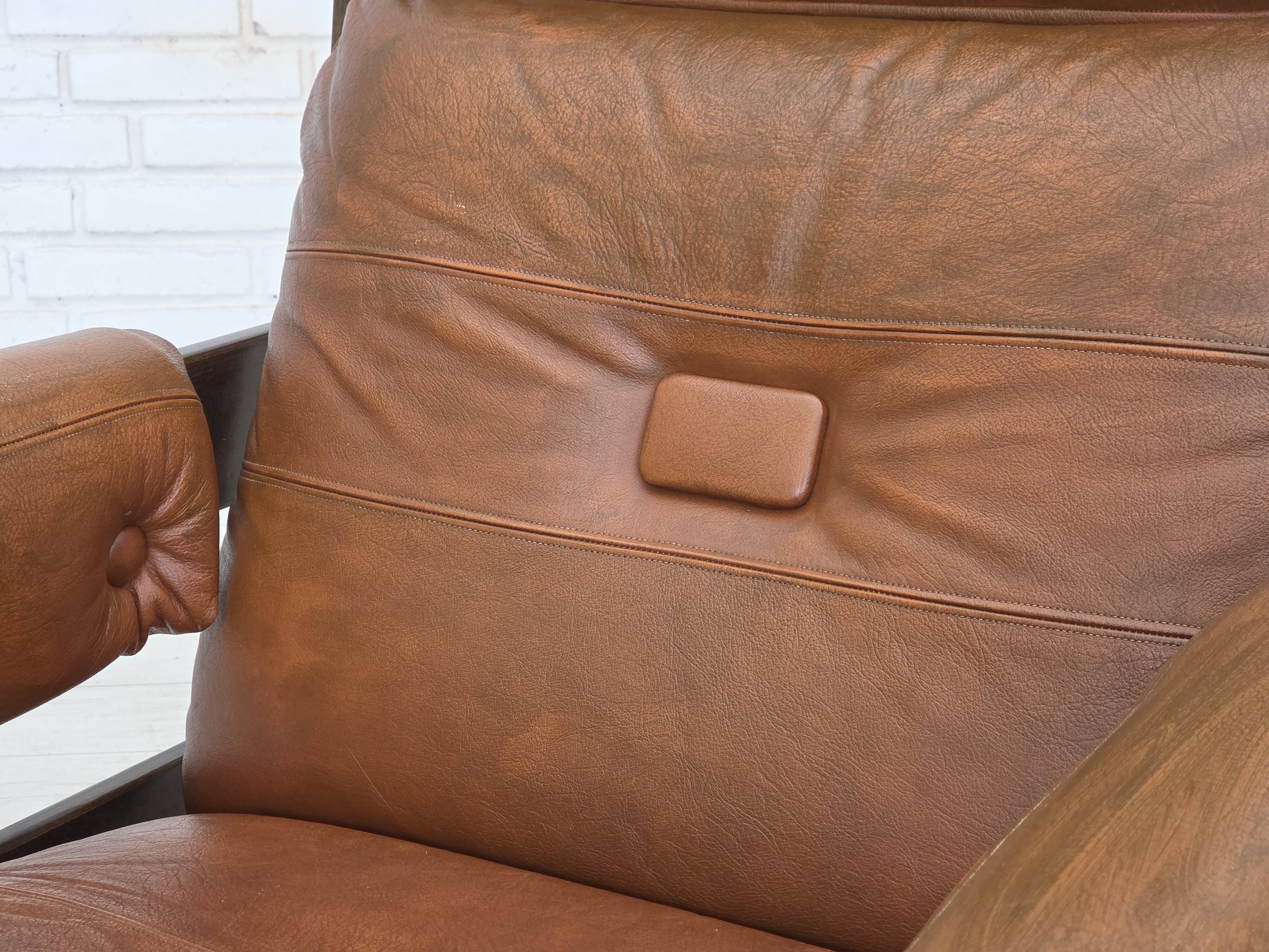 1970s, Scandinavian armchair, furniture leather, canvas, oak wood.