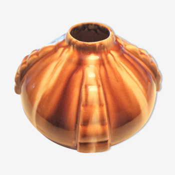 Vase boule Art Déco marque Elgé céramique vernissée couleur brune beige  1ère moitié du XXème