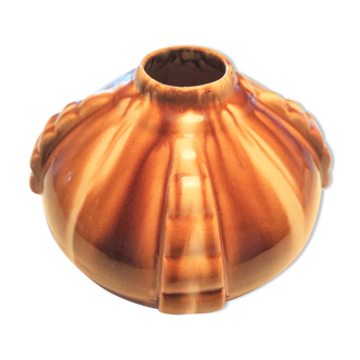 Vase boule Art Déco marque Elgé céramique vernissée couleur brune beige  1ère moitié du XXème