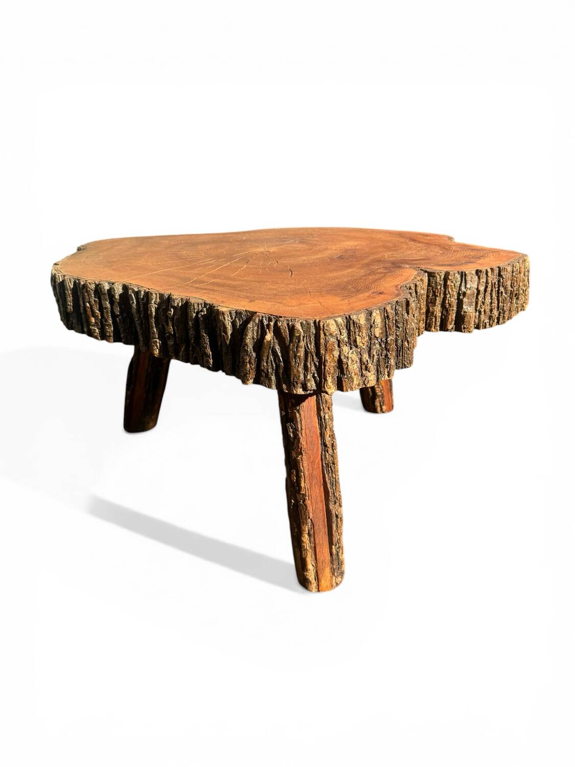 Large brutalist coffee table made from a single piece of cedar trunk, 1960.