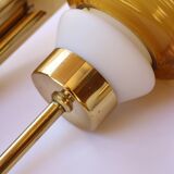 Pair of Scandinavian wall sconces, brass, opal glass and amber glass.