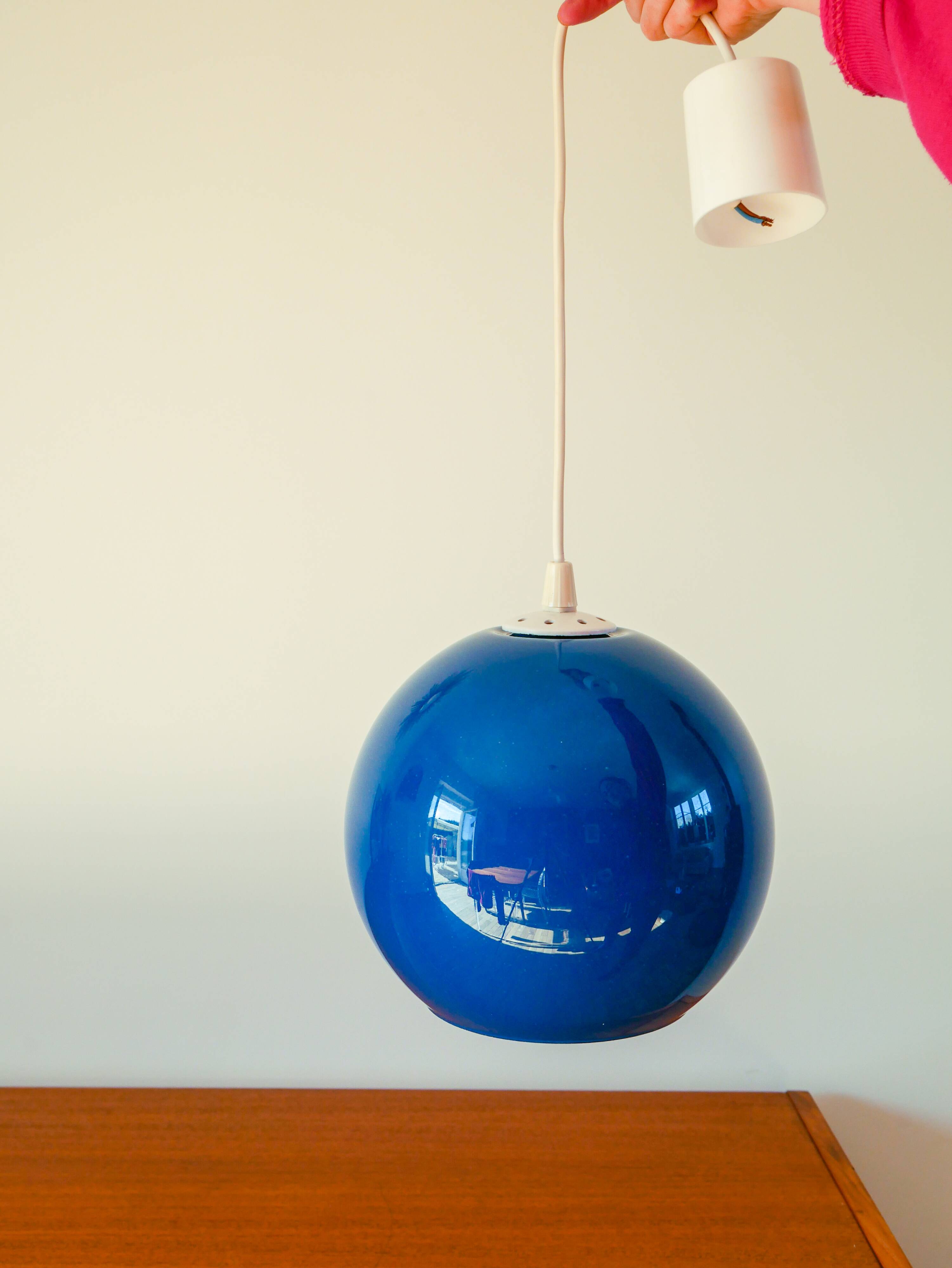Spherical pendant light in royal blue opaline design 1970