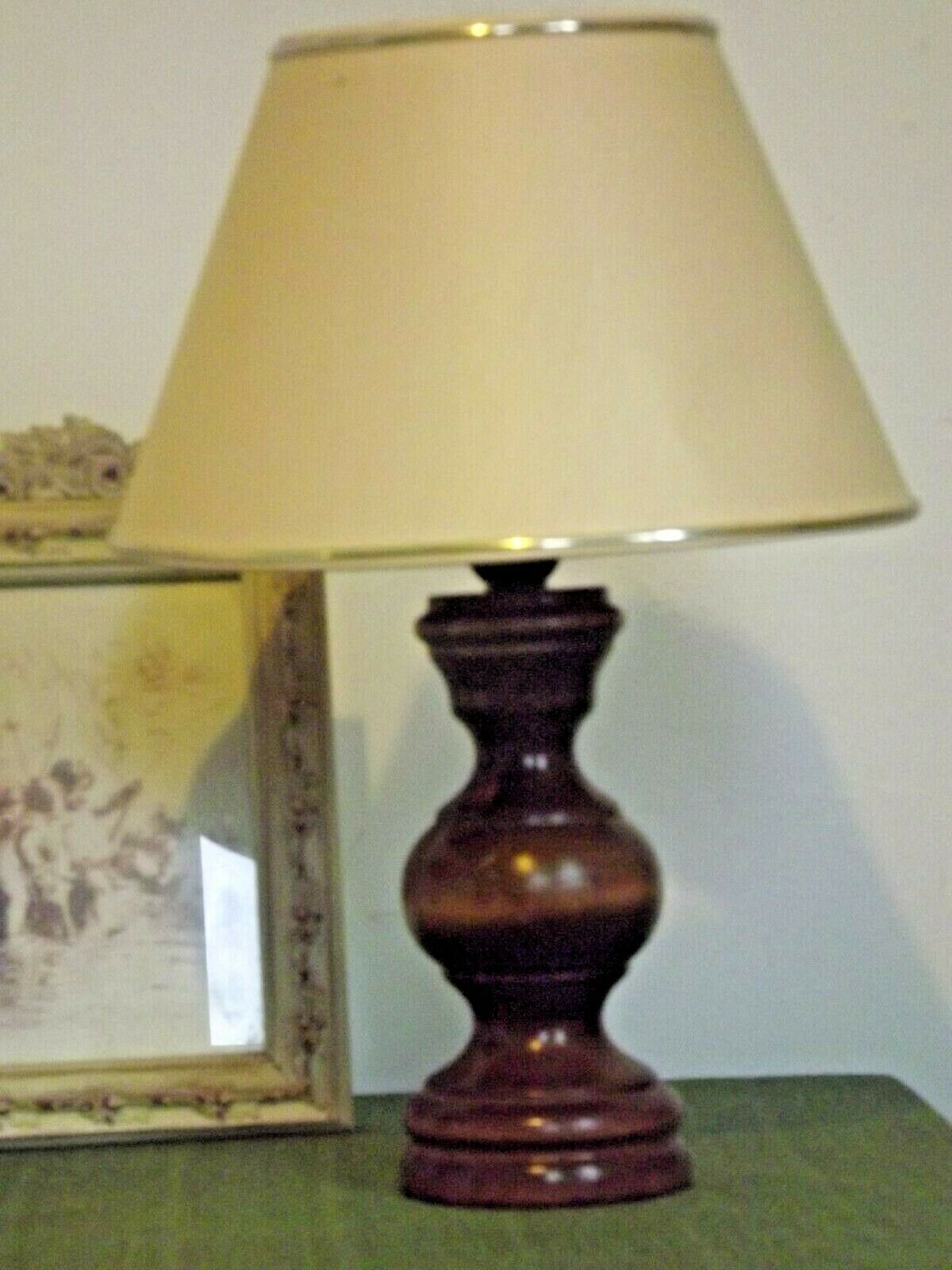 Pair French Mid Century Turned Wood Table Lamps With Beige & Gold Shades 3247