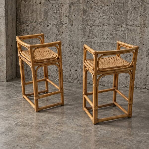 2 x tabouret en rotin / bambou / siège en osier / années 1970