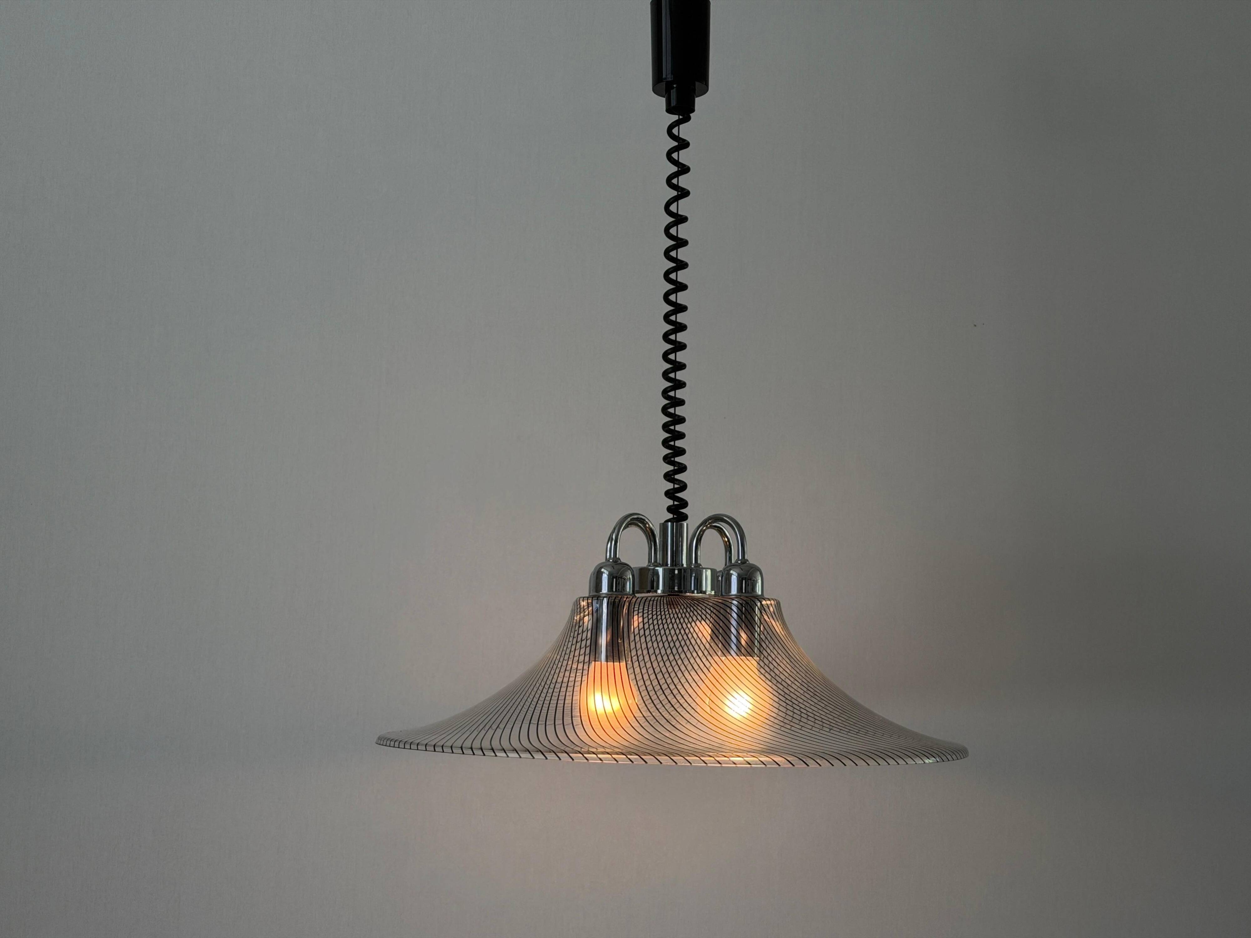 Suspended lamp with 4 sockets, chrome body and plexiglass shade, 1970s, Germany.