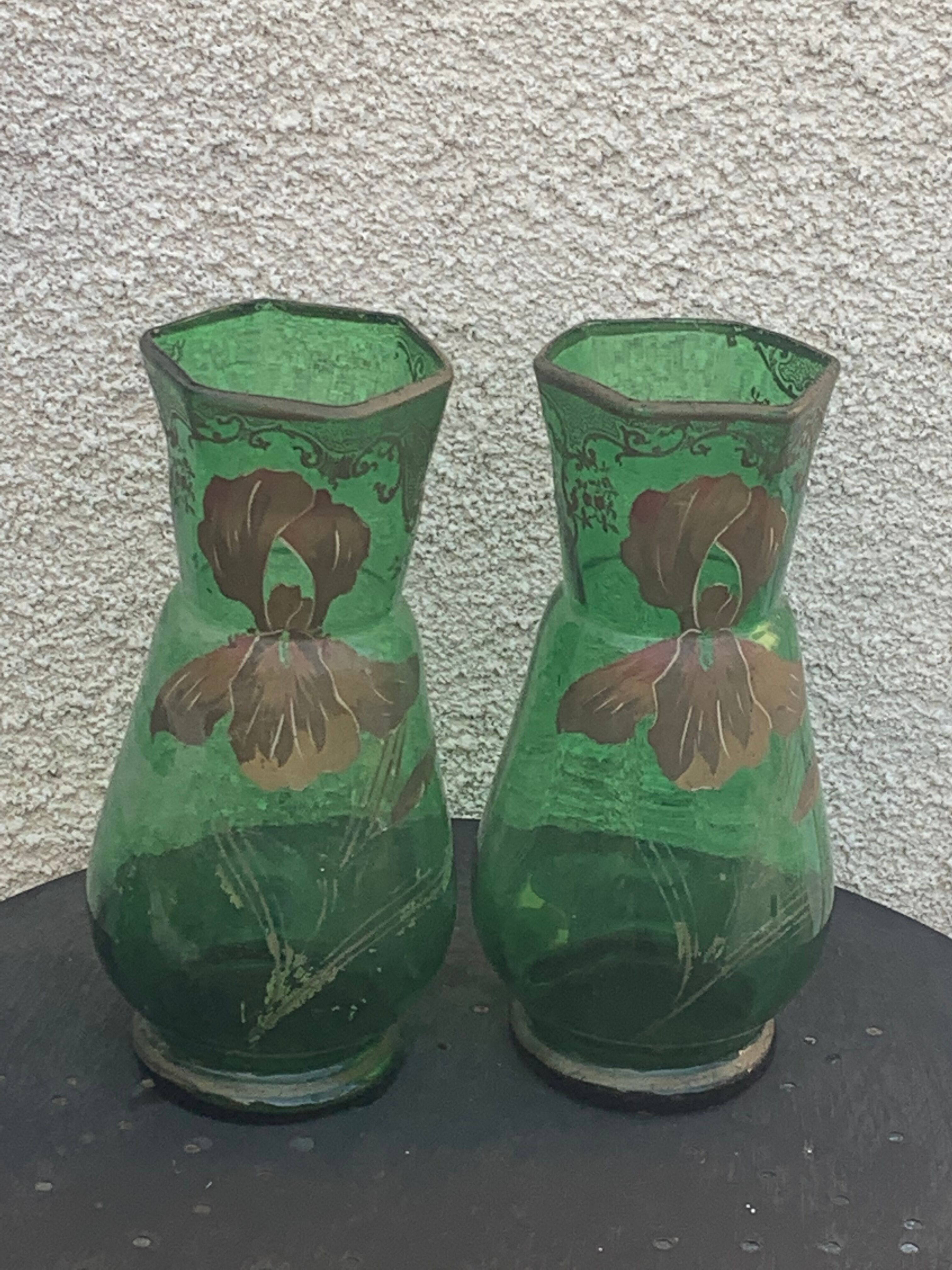 Pair of iris vases gilded transparent glass green and iris hand painted art nouveau, collector