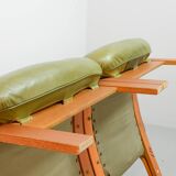 Scandinavian Rybo Rykken Olivegreen Leather 2-Seat Ry-Wing Lounge Sofa, 60s