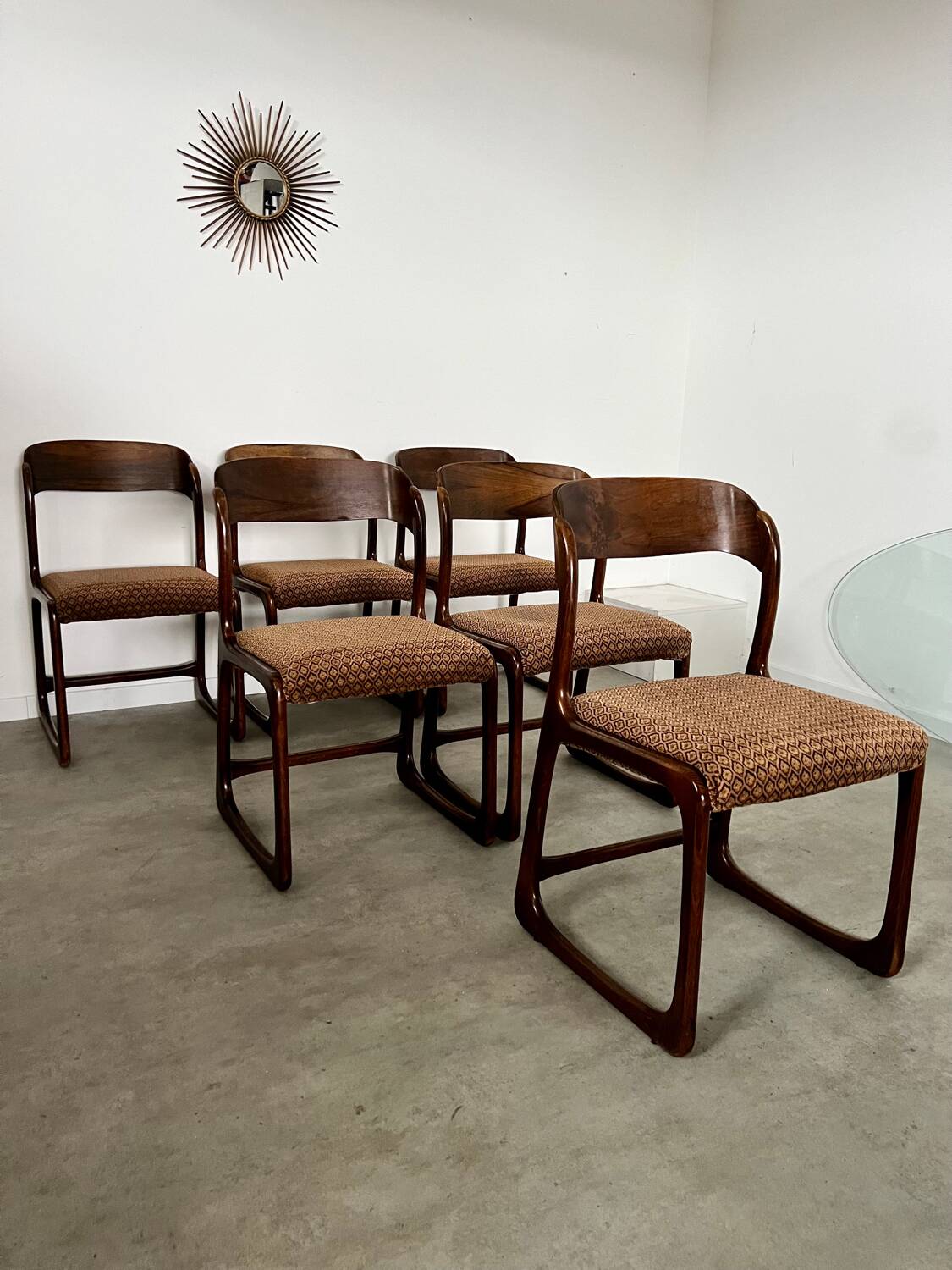 Set of 6 old baumann design sled chairs from the 60s wood and fabric