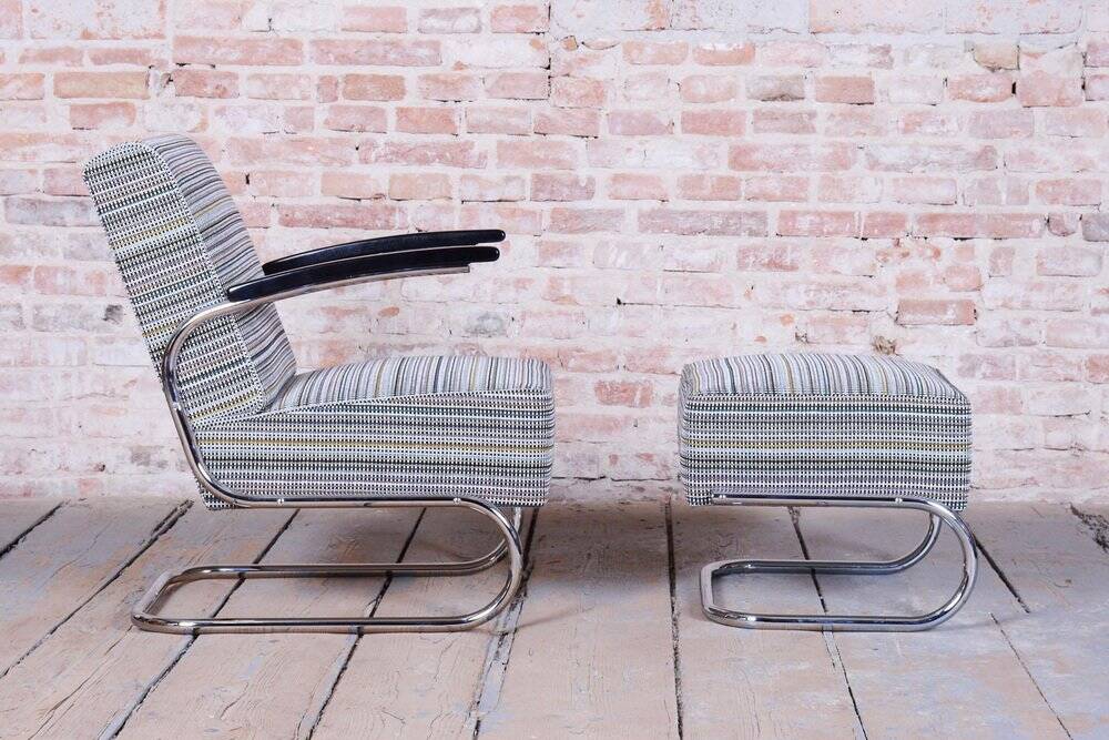 Set of Czech Bauhaus Armchair and Ottoman attributed to W. Gispen for Mücke-Melder, 1930s, Set of 2