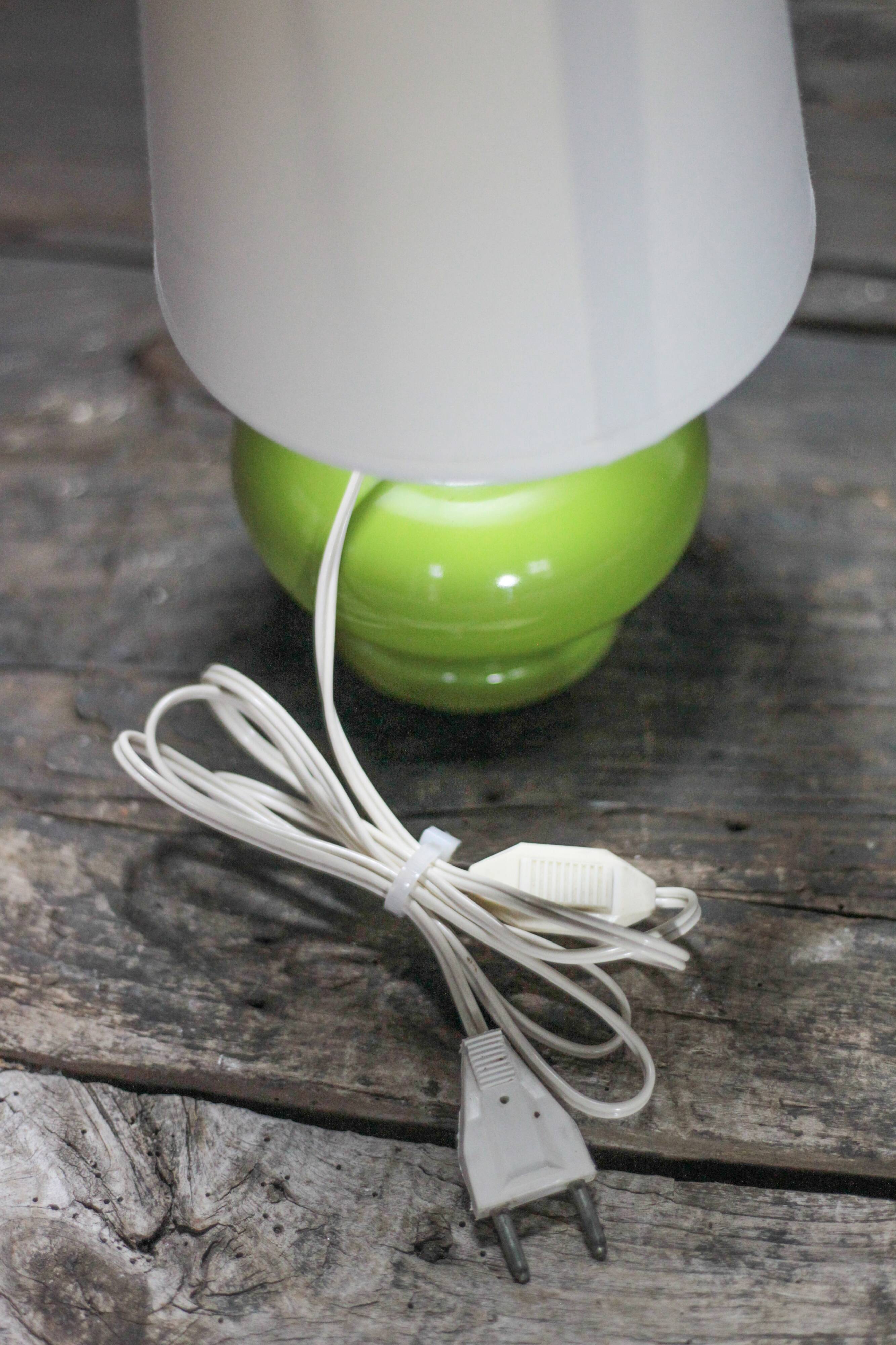 Green glass lamp with vintage shade, table lamp, lamp d