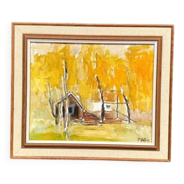Original Swedish Oil on Canvas – "Houses and Trees in Autumn" by Pia H. Campbell