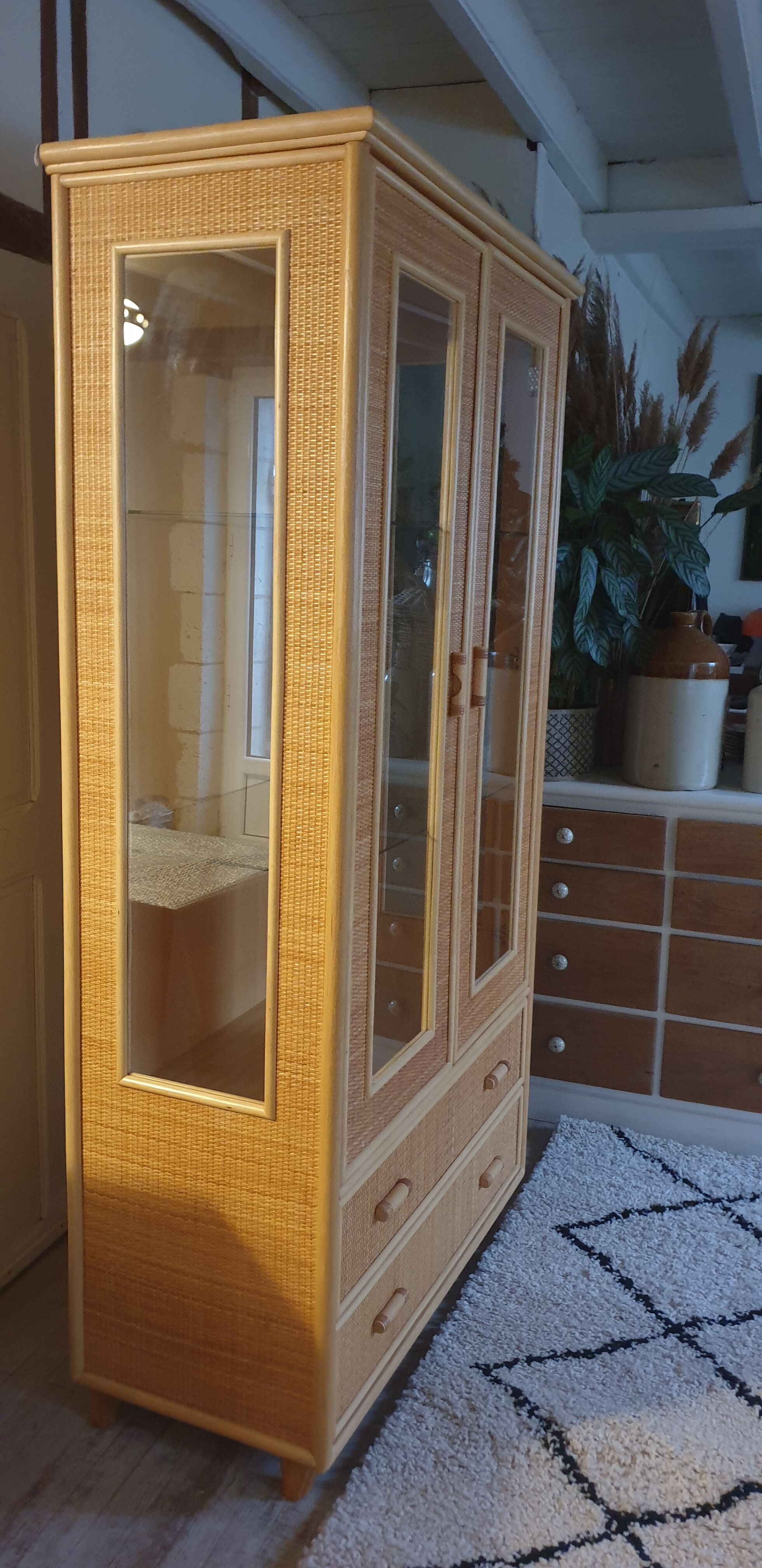 Rattan glass cabinet