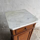 Vintage cabinet with white marble top and wooden body, drawer and door on wheels