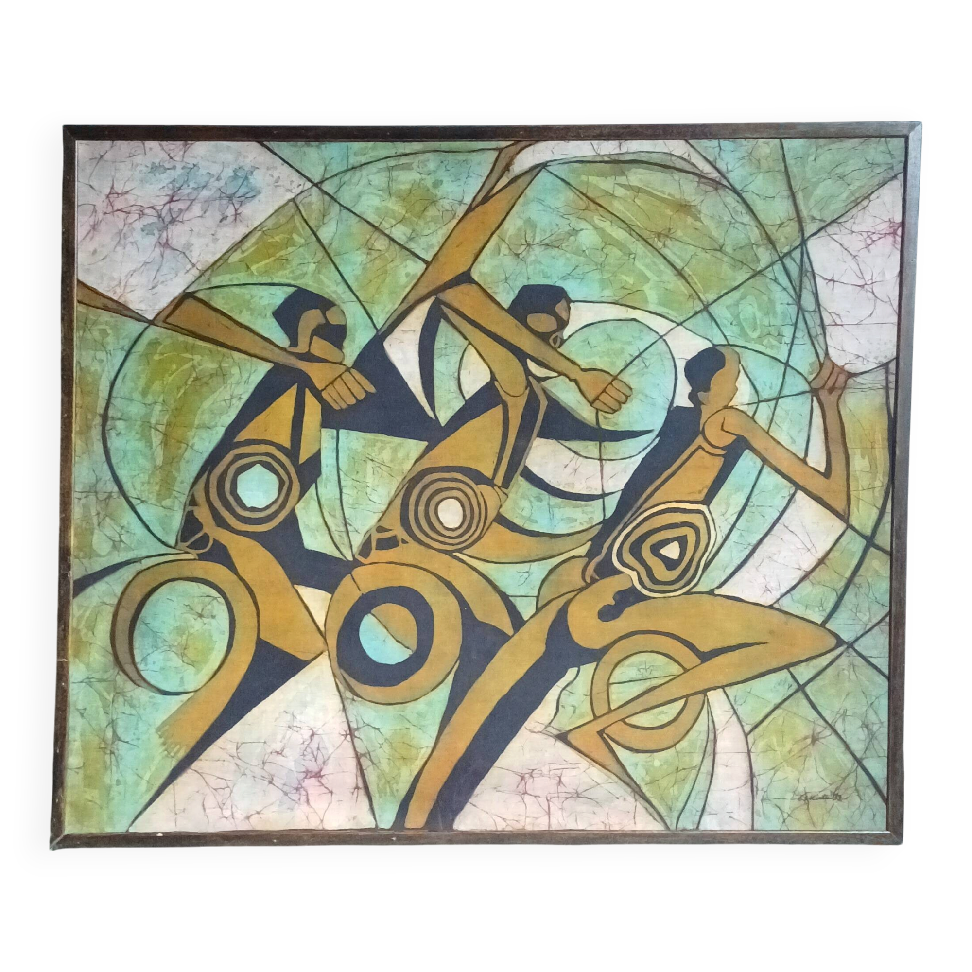Neo-Cubist painting signed, ink on fabric, framed 1993