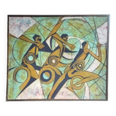 Neo-Cubist painting signed, ink on fabric, framed 1993