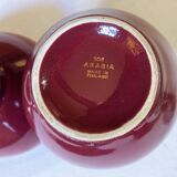 Raspberry-colored ceramic soliflore vase and bowl, enhanced with gilding, Arabia, Finland