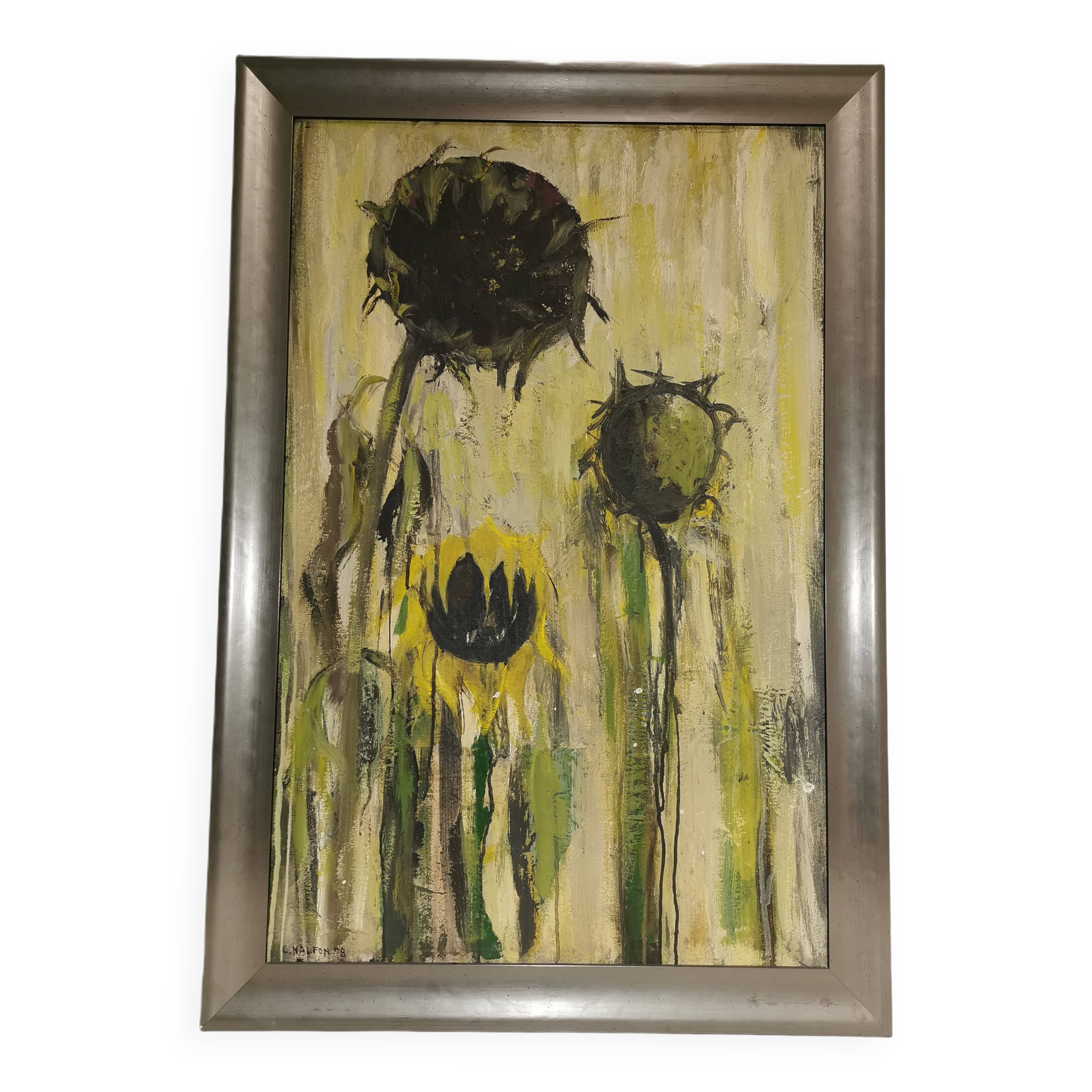 Painting / Oil Modern art, Contemporary signed C. HALFON 98. Sunflowers
