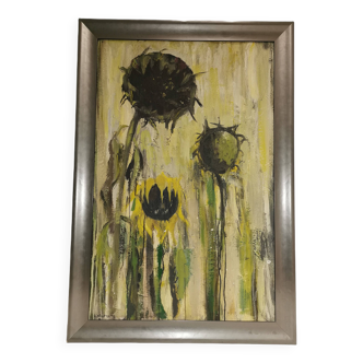 Painting / Oil Modern art, Contemporary signed C. HALFON 98. Sunflowers