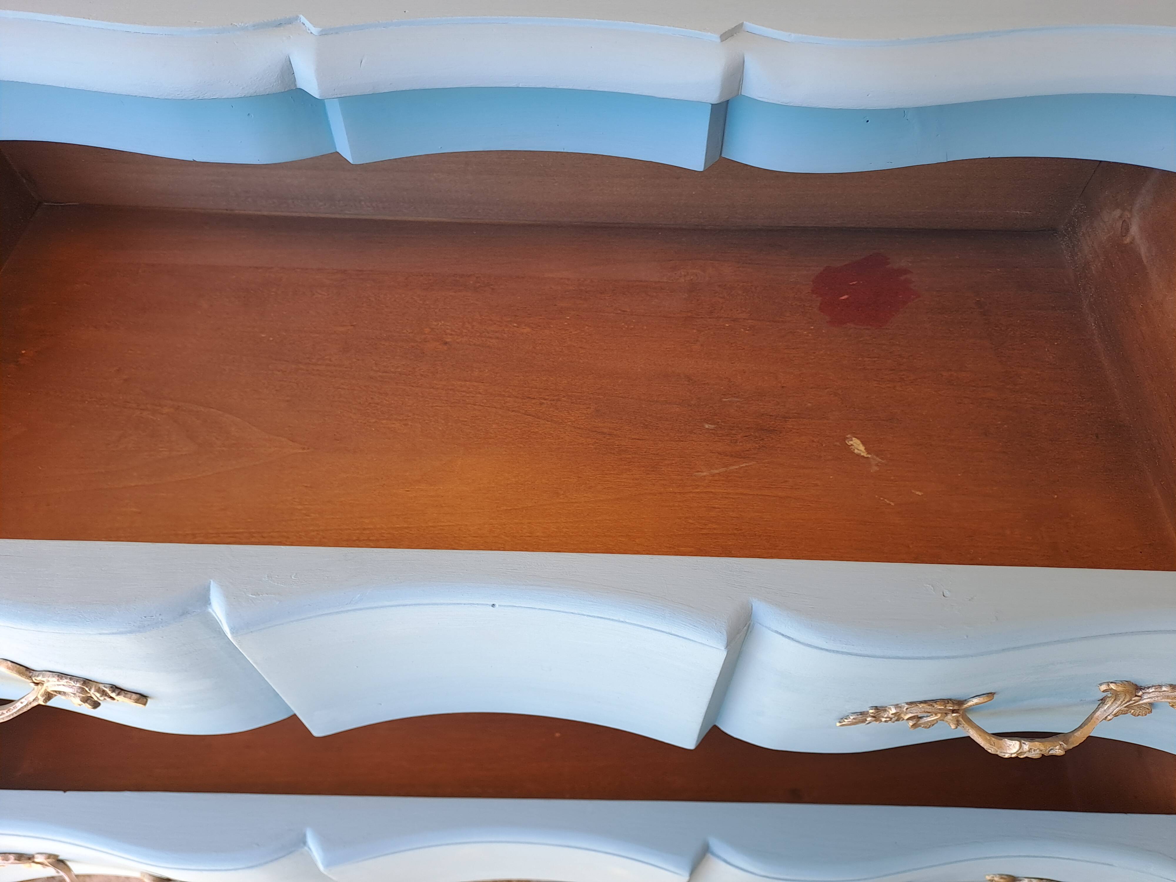 Louis XV style solid wood chest of drawers repainted in lagoon blue with 2 drawers