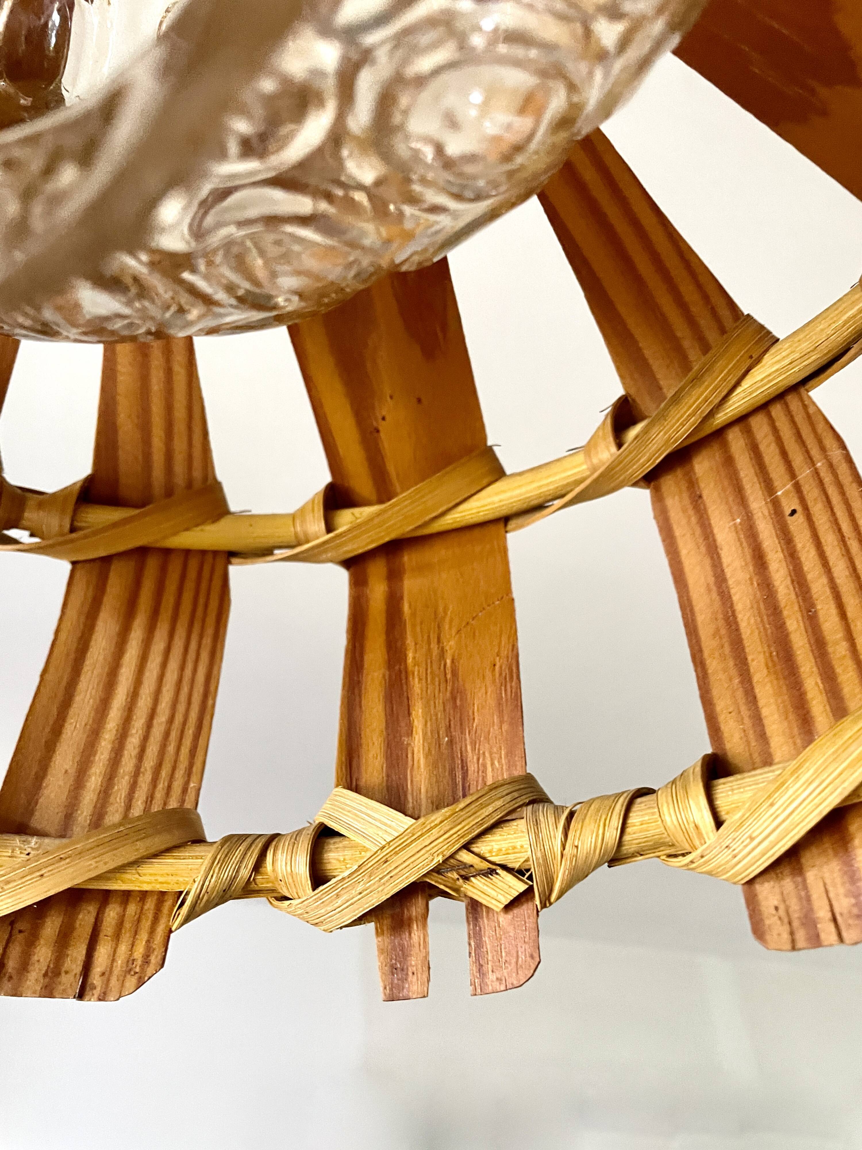 Scandinavian pendant light with wood veneer and bubble glass, 1970