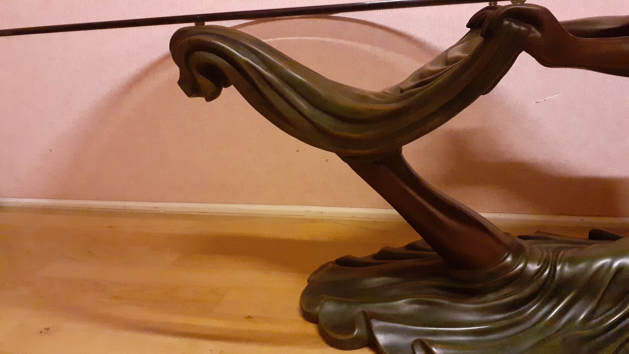 Coffee table, young woman in resin, smoked and beveled glass