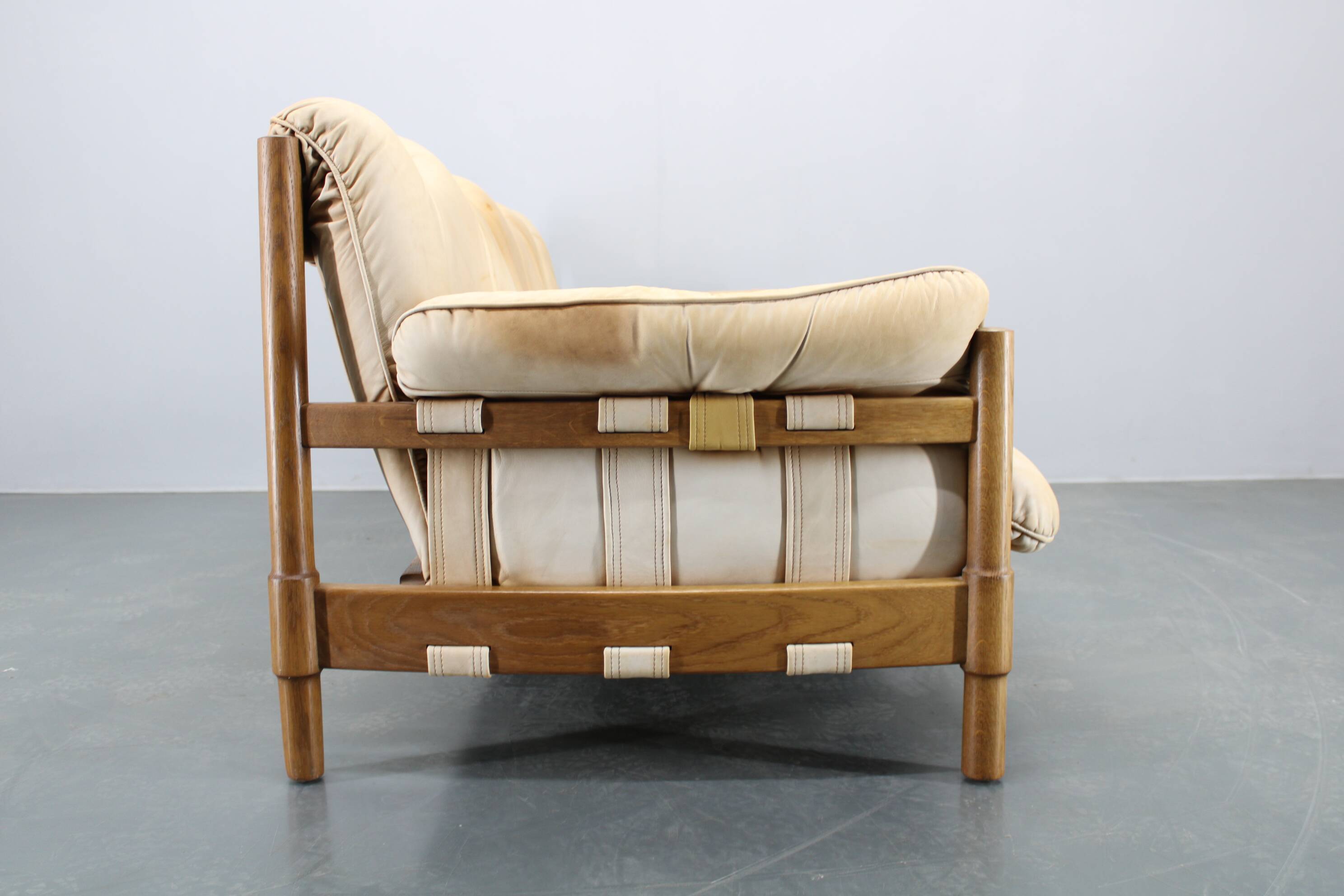 1960s Oak Scandinavian 3-Seater Sofa in Fine Leather Upholstery