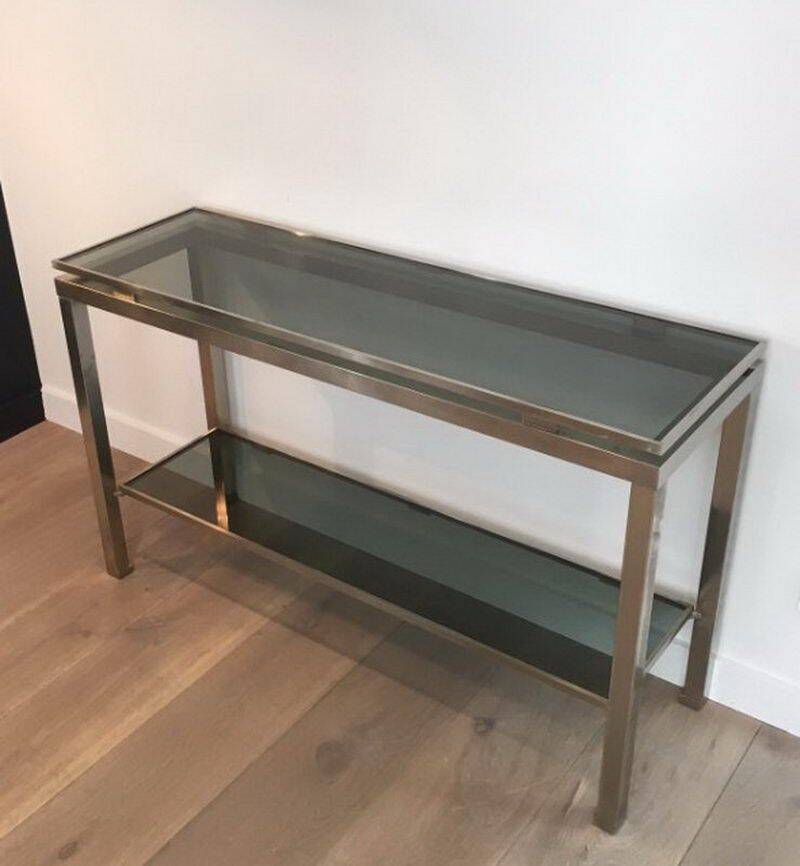 Beautiful console table in brushed metal with bluish glass shelves