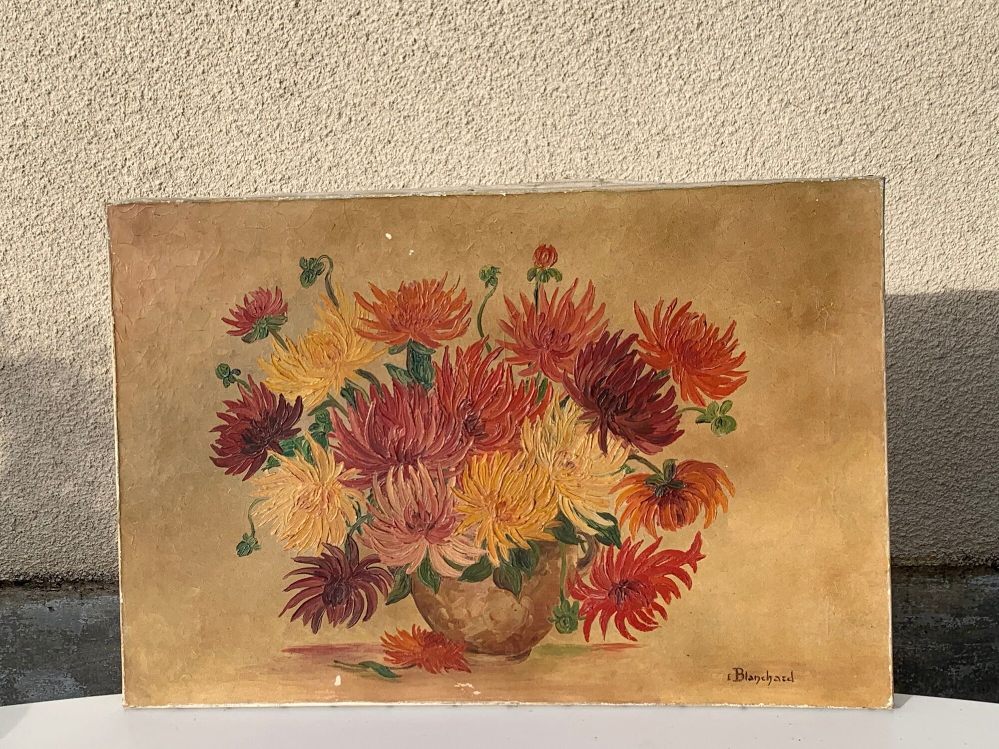 Painting the bouquet of vintage dahlias signed Blanchard