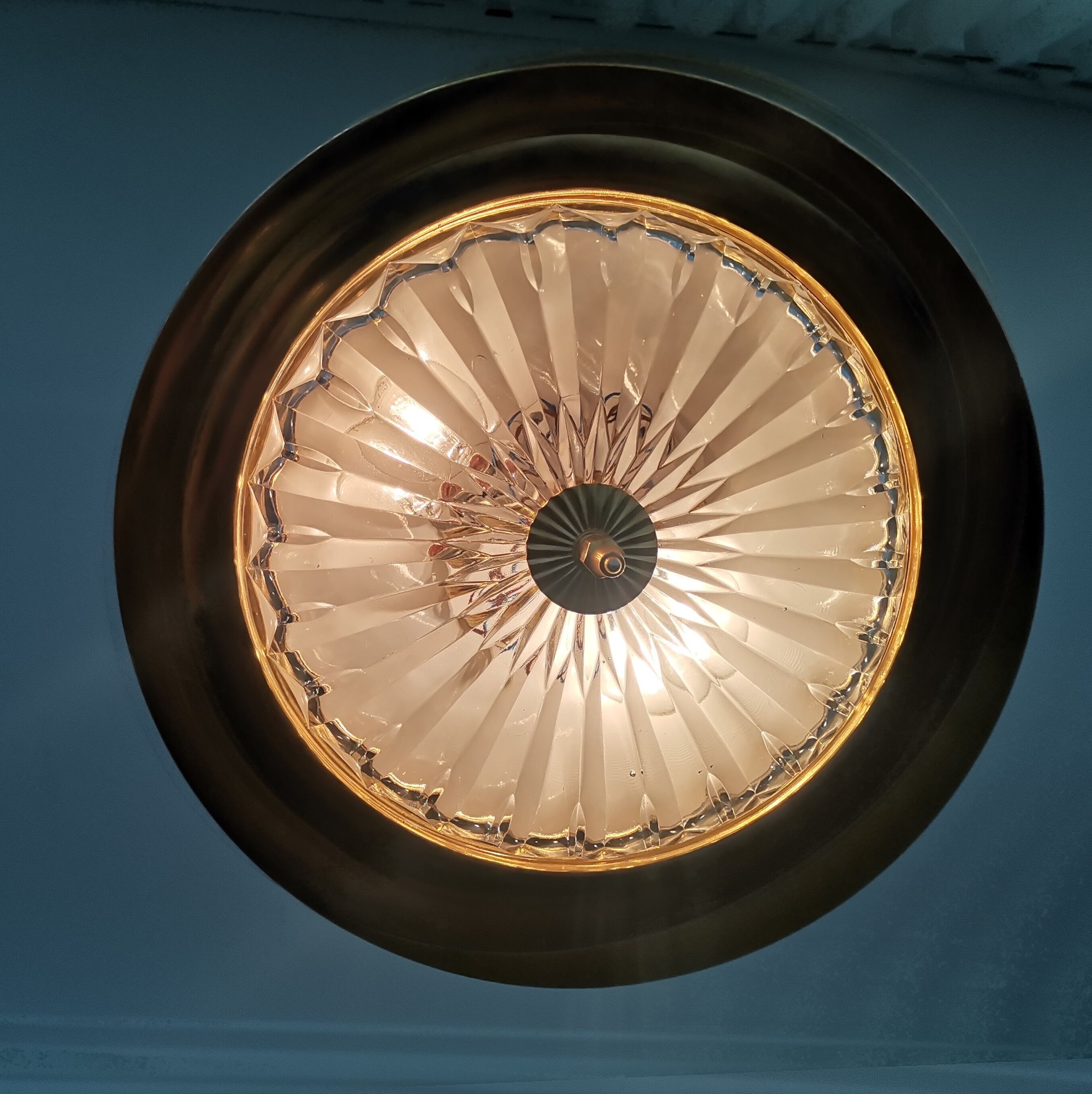 1960s mid century cream metal and crystal pull down large hanging lamp