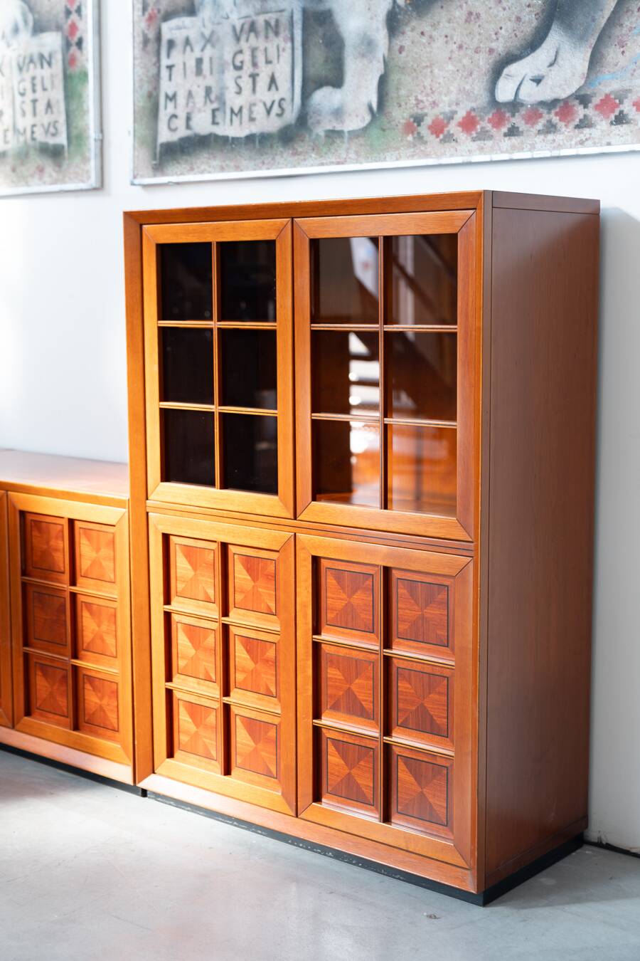 1970s Modular Corner Cabinet in Cherrywood with Glass and Carved Doors – “Fox Hunt” Design
