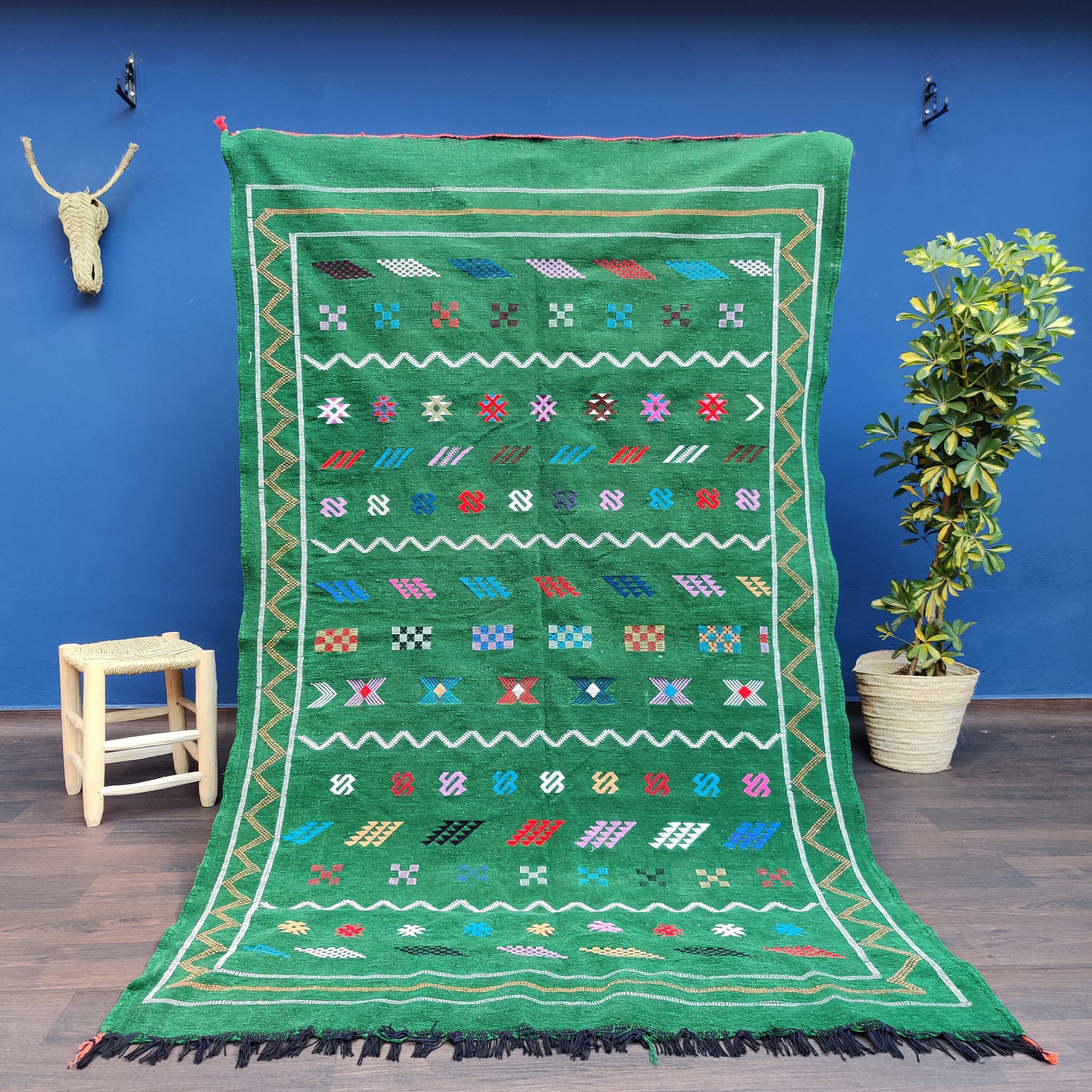 Tapis berbère marocain fait main vert ethnique 144x233 cm