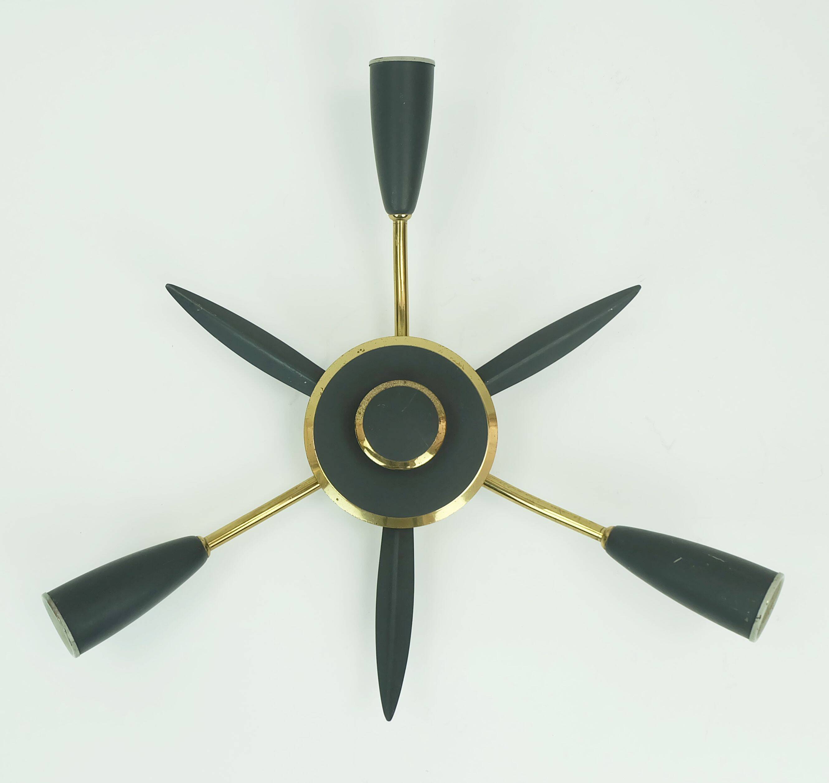 1950s mid century sputnik 3-light CEILING FIXTURE brass and dark grey metal