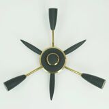 1950s mid century sputnik 3-light CEILING FIXTURE brass and dark grey metal