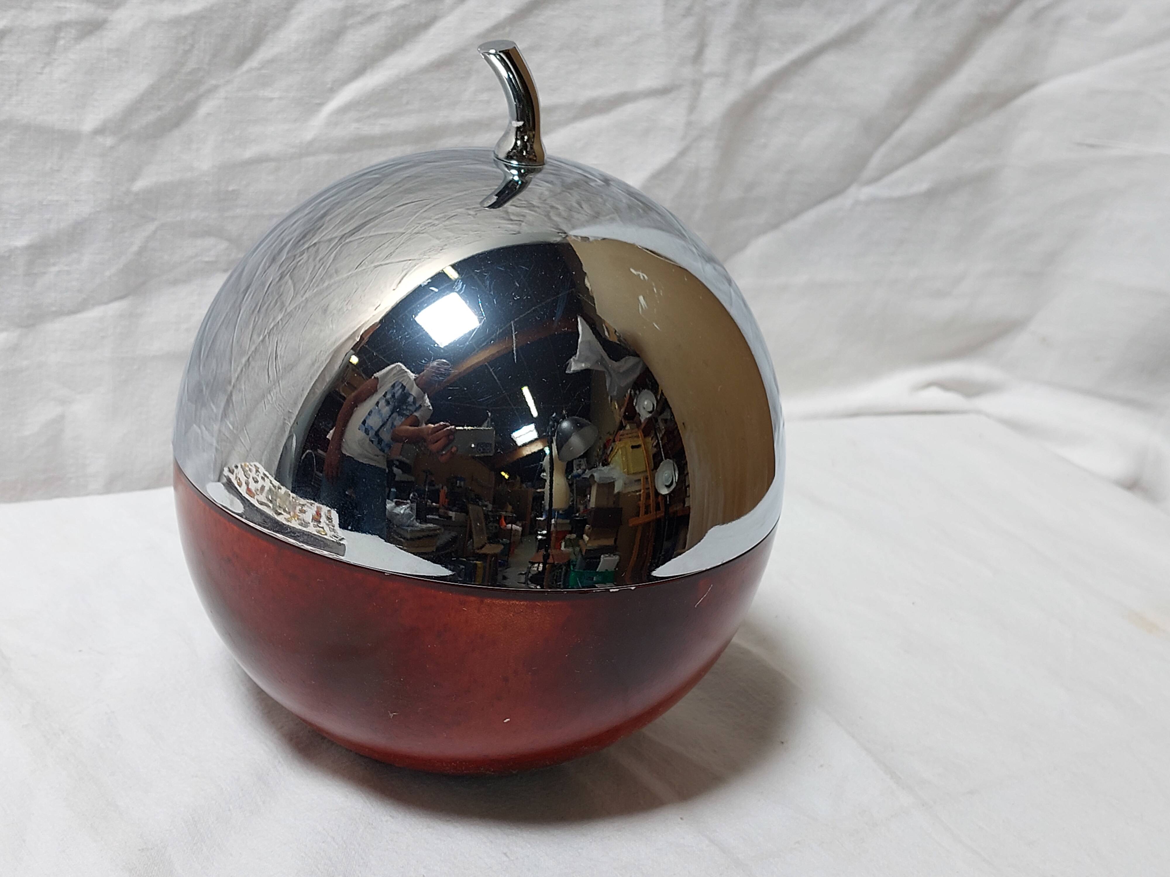 Ice bucket in the shape of an apple, chrome metal and red Bakelite, France, 70s