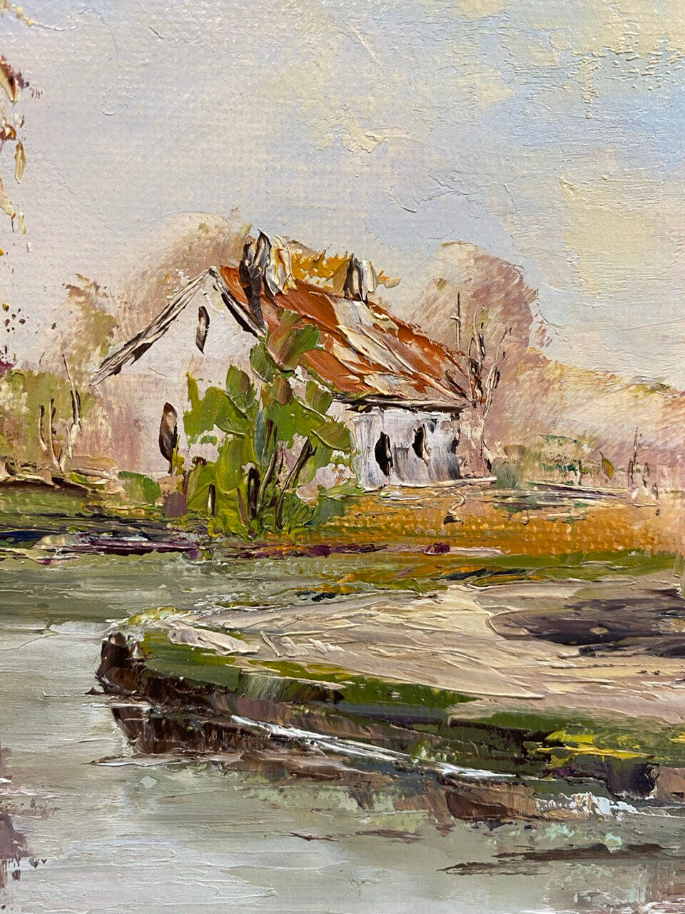 Old painting, landscape with the river signed J Micault dated 1985