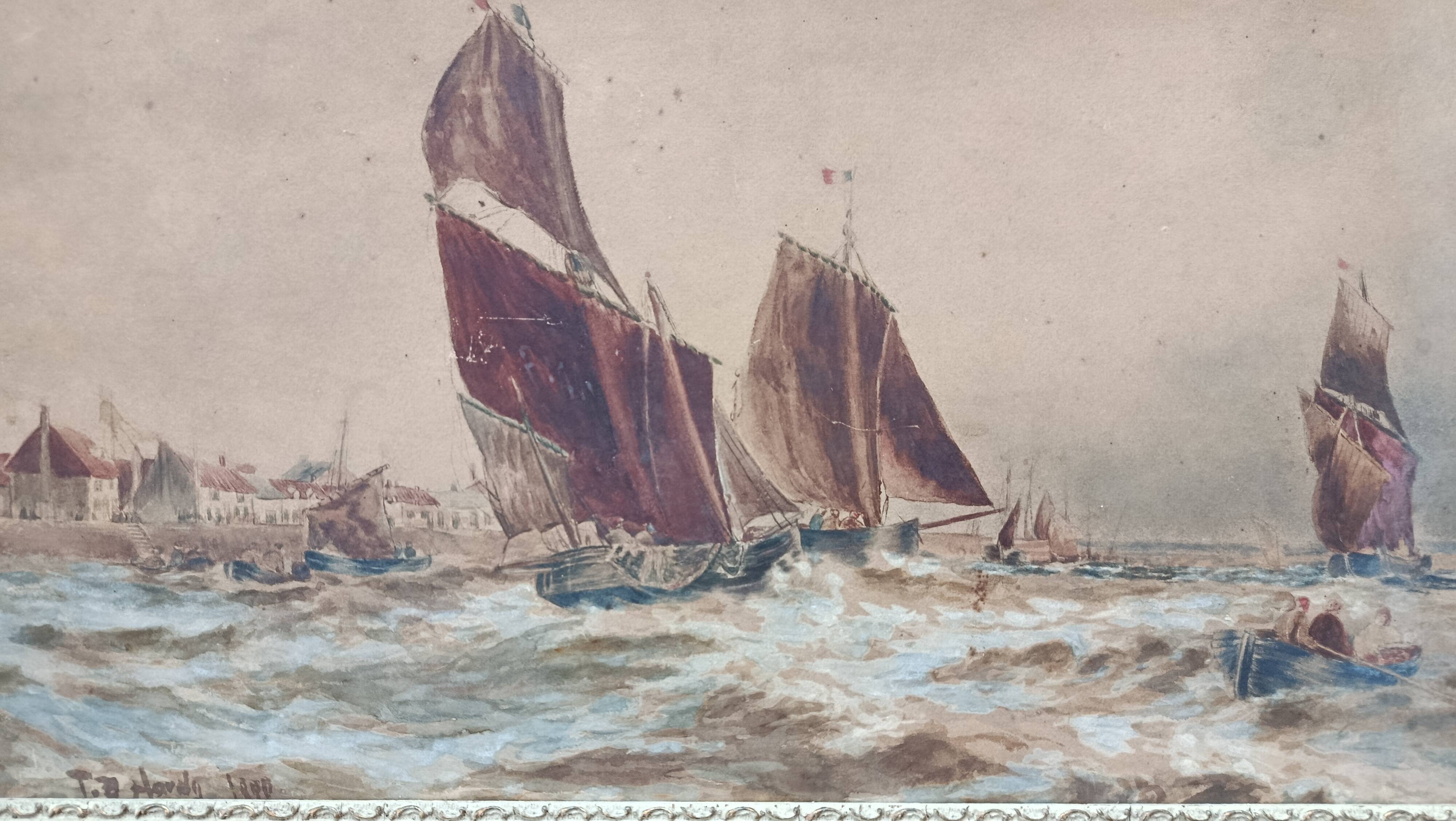 Marine watercolor 1890 by thomas bush hardy, sailing boats near the coast